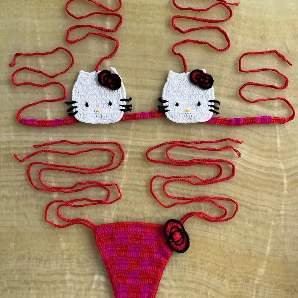 Cute Crochet Cat Bikini Set in Red and Pink